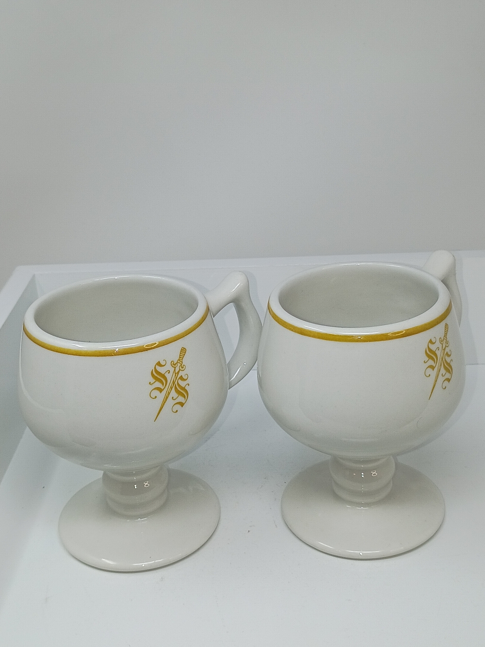 Sterling China, White Ceramic Pedestal Mugs with Gold Trim & Emblem - Set of 2 - Picture 9 of 12